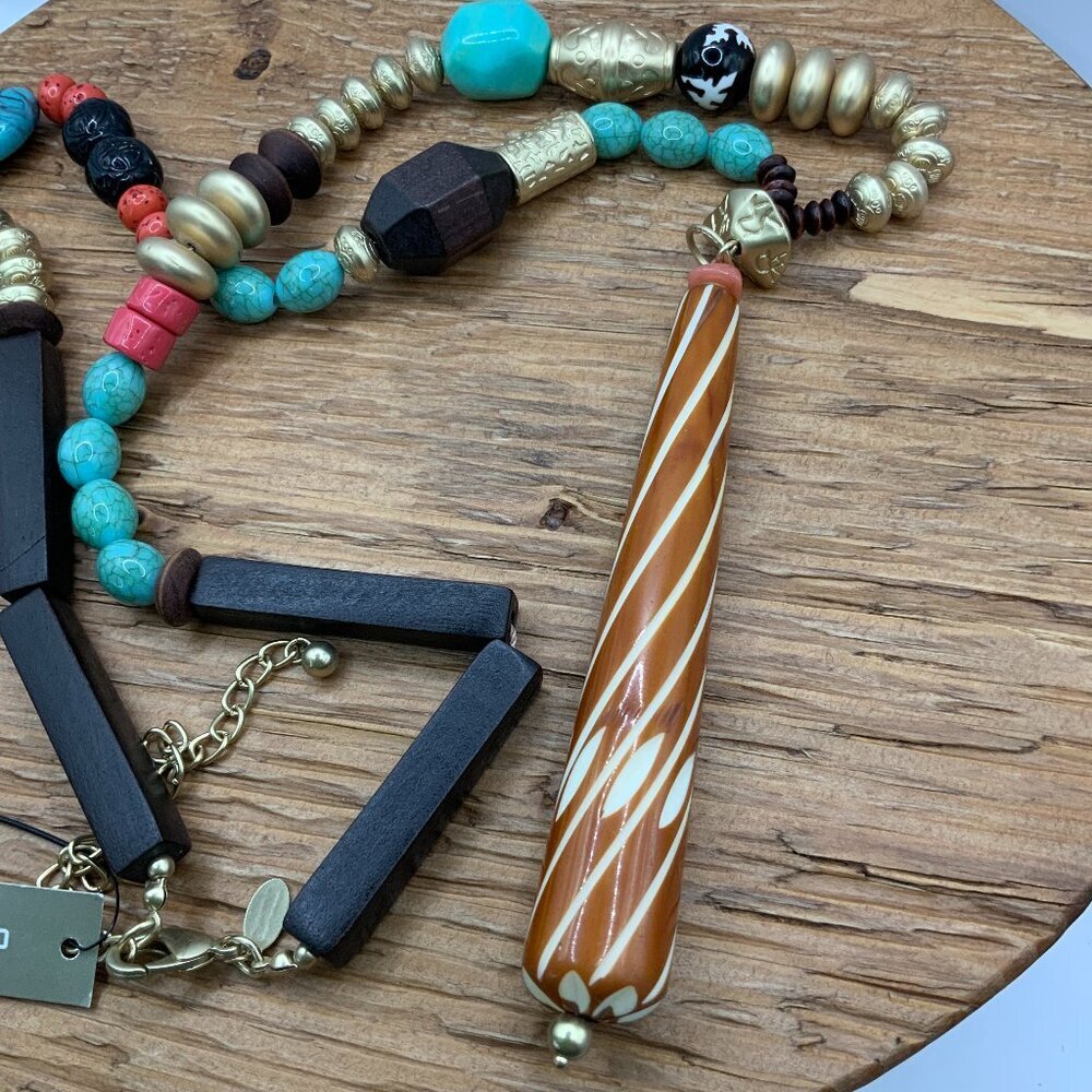 Chico's Multi Colored Beaded Bohemian Gold Tone Long Striped Pendant Necklace